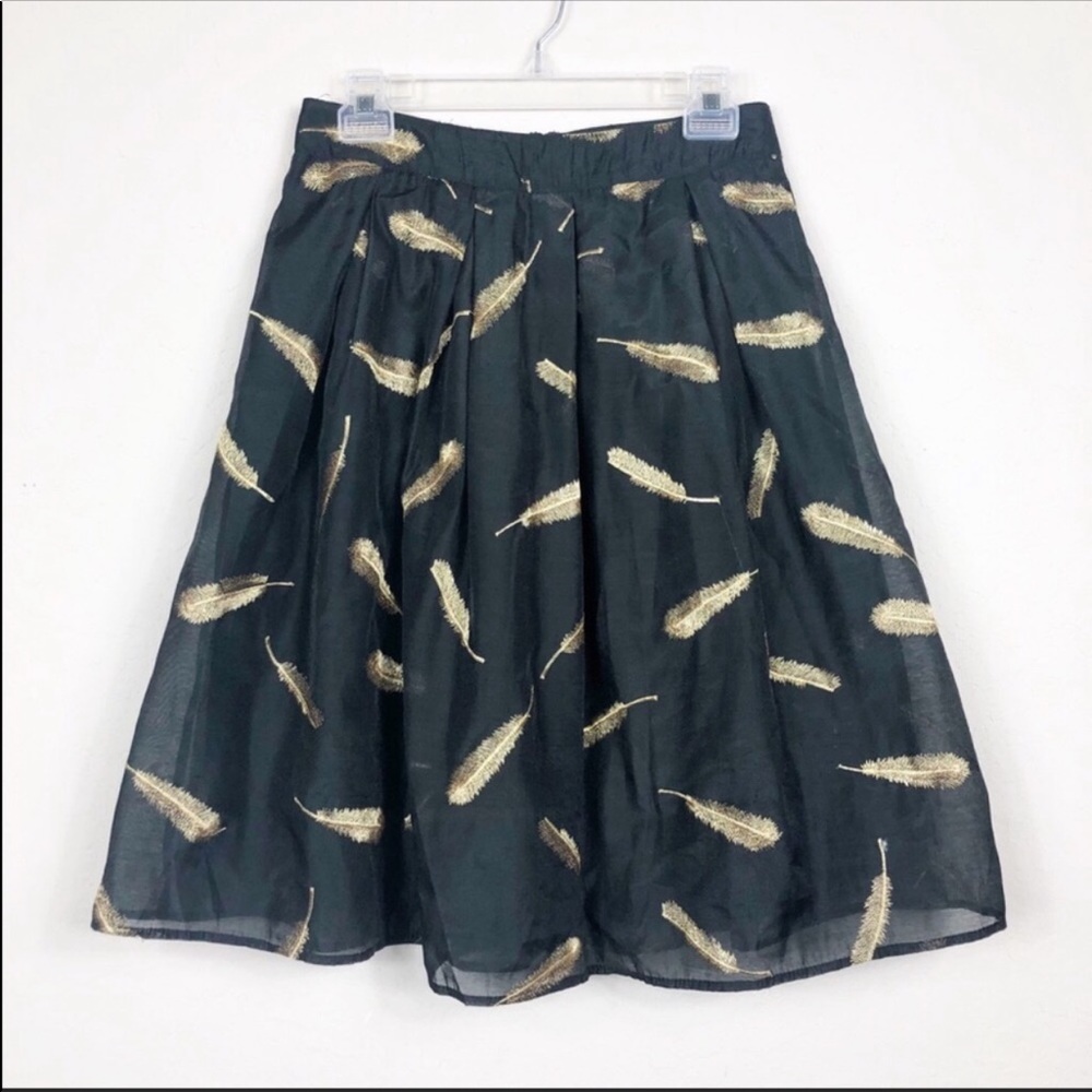 Anthropologie Black and Gold Feather A-line Skirt